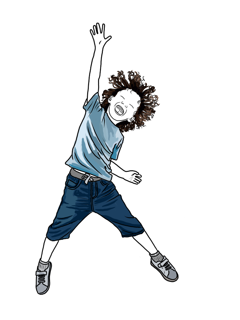 Illustration of a joyful young girl with curly hair, wearing a blue t-shirt, cut-off shorts, and sneakers, jumping with one arm raised and a big smile.