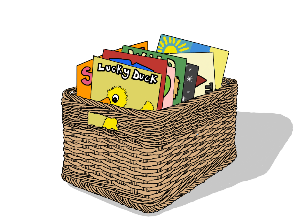 A woven basket containing colorful children's books, including a book titled "Lucky Duck" with a yellow duckling on the cover.