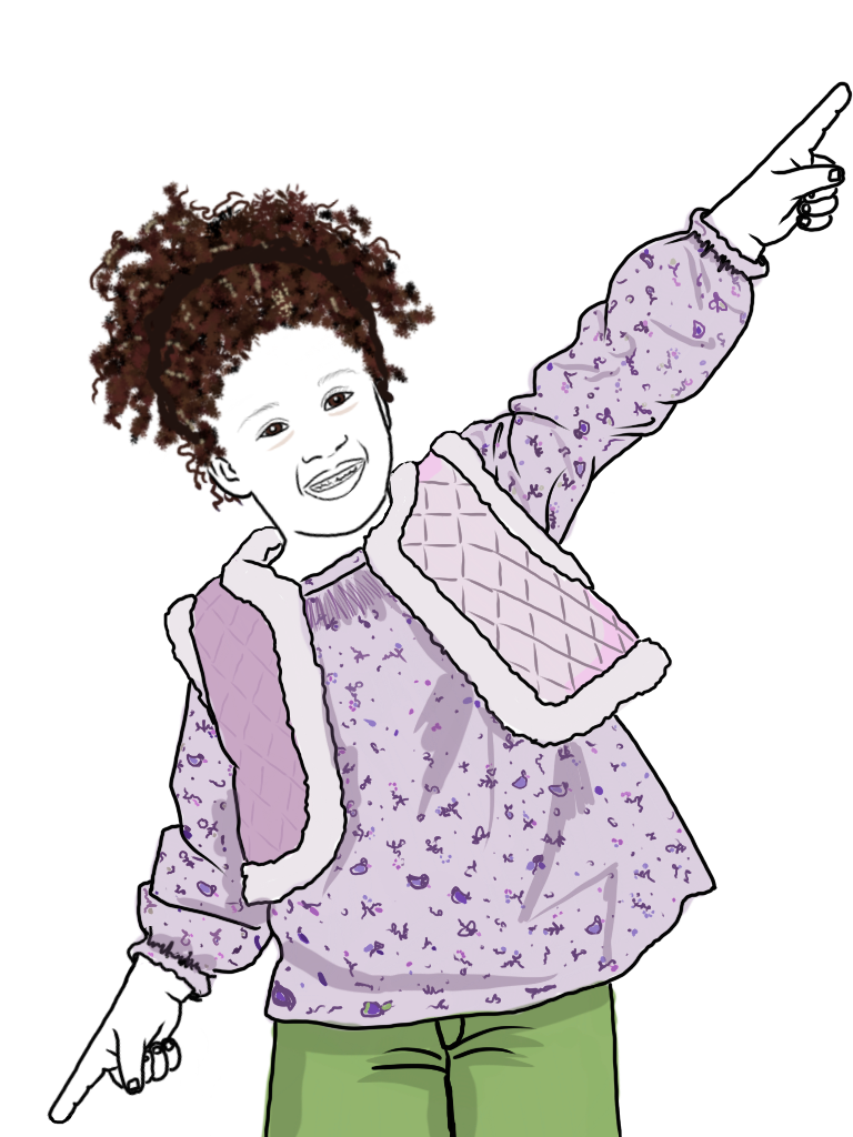 Drawing of a young girl with curly brown hair, smiling, wearing a purple patterned sweater, green pants, and a pink backpack, with one arm raised pointing upwards.