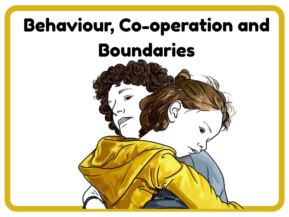 Book cover with title 'Behavior, Co-operation and Boundaries' featuring an illustration of two children hugging, one with curly hair wearing a white shirt and the other with straight hair wearing a yellow jacket.