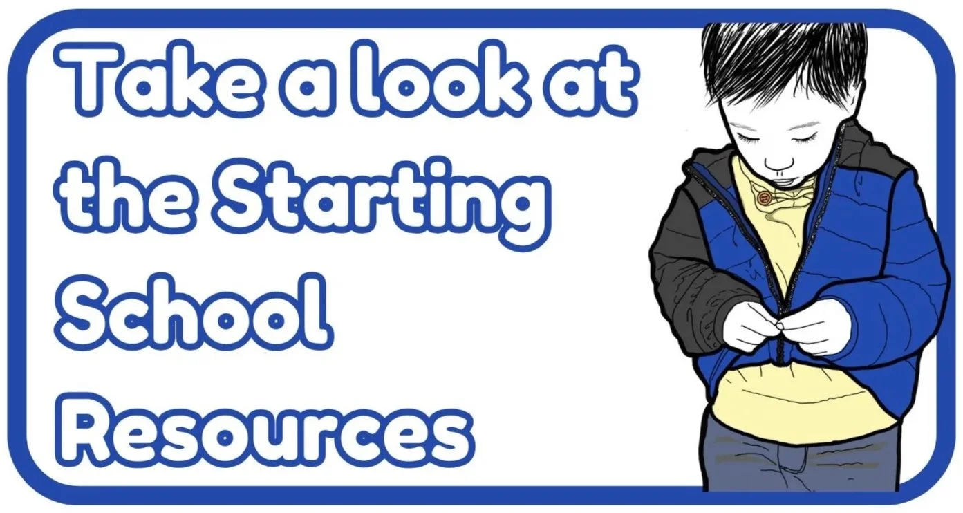 Educational sign with a boy in a blue jacket looking at resources for starting school.