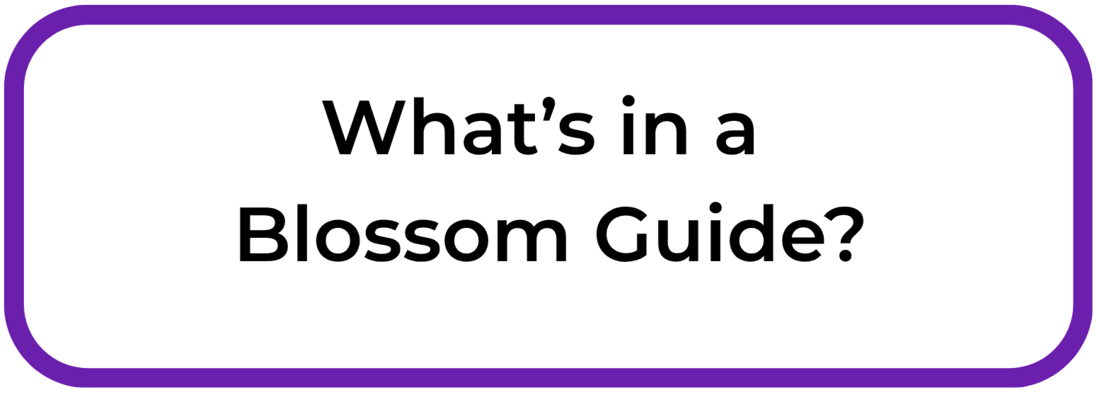 A graphic with a white background and purple rounded border displaying the text 'What’s in a Blossom Guide?'