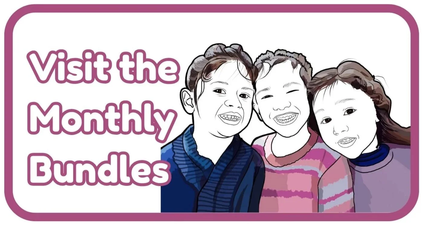 Illustration of three children smiling, with the text "Visit the Monthly Bundles" on a white background with purple border.