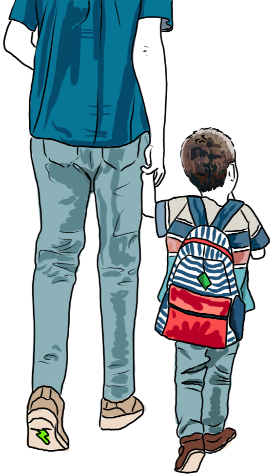 Illustration of an adult and a child from behind, holding hands. The adult is wearing a blue shirt, jeans, and sandals, while the child has a striped backpack, a striped shirt, jeans, and shoes.