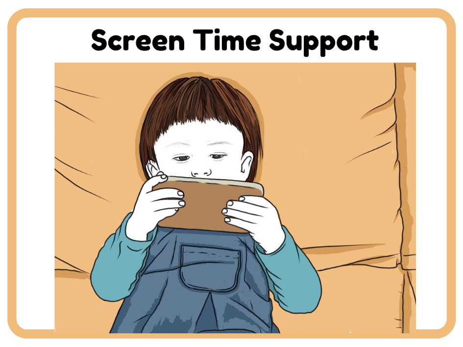 A young child lying on a bed, using a tablet for screen time support.