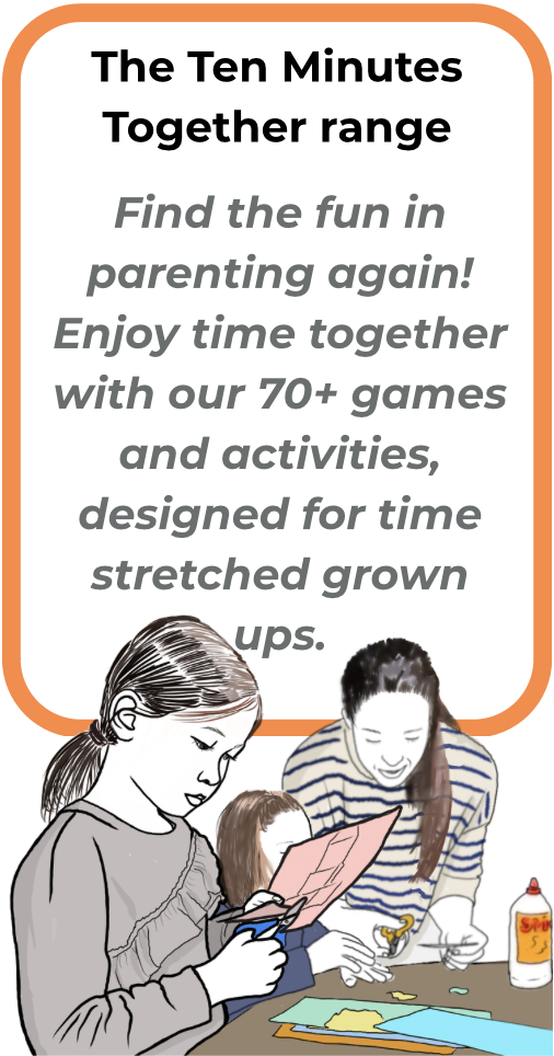 Illustration of a mother and two children engaging in arts and crafts at a table, with a bottle of glue nearby. The text promotes the Ten Minutes Together range for family activities and games.