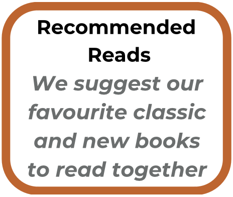 Sign with a white background and a brown border, displaying the text: 'Recommended Reads. We suggest our favorite classic and new books to read together.'