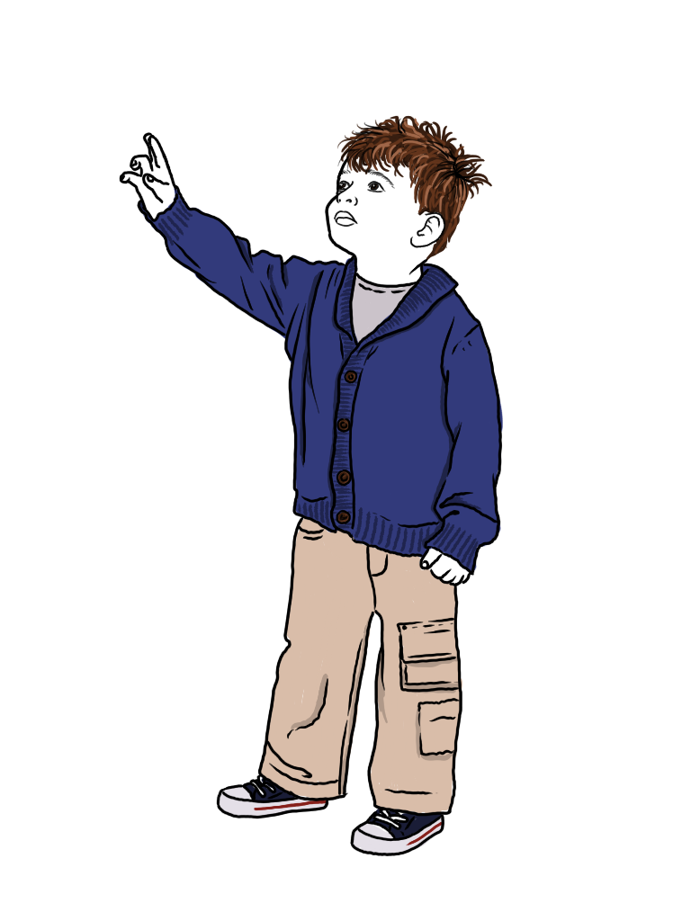 A young boy with brown hair, wearing a blue cardigan, tan cargo pants, and sneakers, reaching out with his right hand.