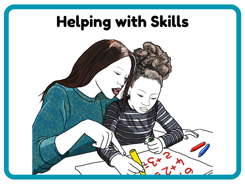 A woman helps a young girl with math problems using colored markers at a table, with the title 'Helping with Skills' at the top.