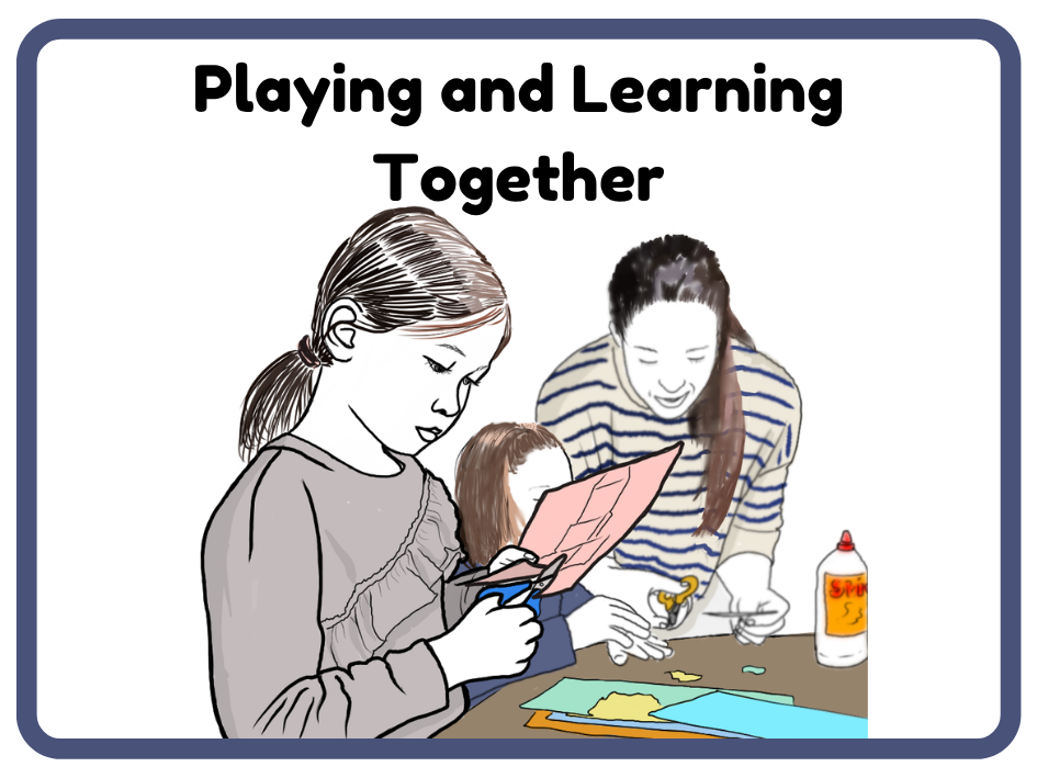 A group of three children and an adult engaging in creative activities with paper, scissors, and glue on a table, with the text 'Playing and Learning Together' displayed at the top.