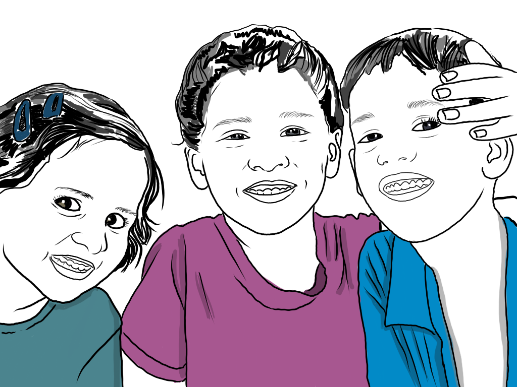 Three children smiling and posing for a photo, one girl on the left with blue hair clips, a boy in the middle with short hair, and another boy on the right with his hand on his face, all wearing colorful shirts.