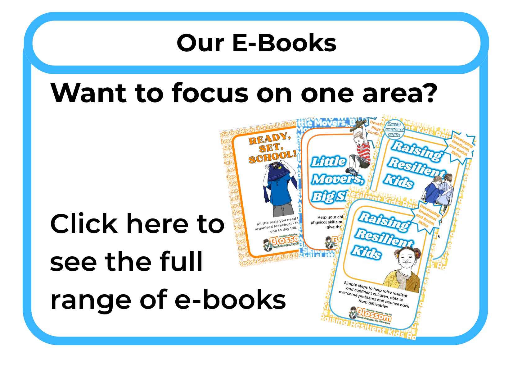 Colorful advertisement for e-books focused on children's resilience and emotional skills, featuring various book covers with illustrations of children, and text encouraging viewers to explore the full range of e-books.