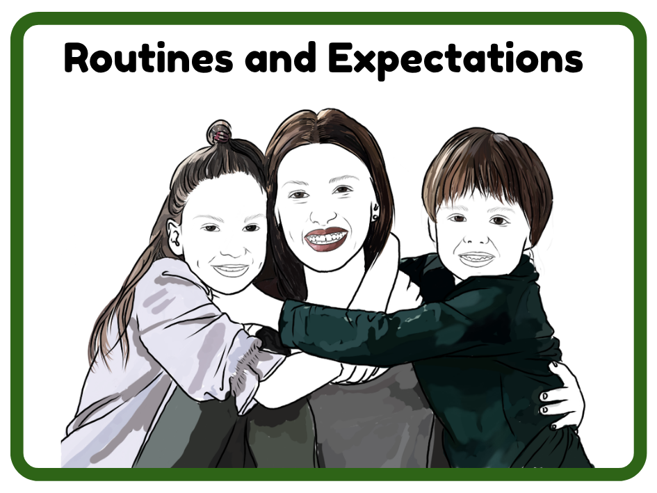 Illustration of a woman with two children, all smiling and hugging, with the text 'Routines and Expectations' at the top.
