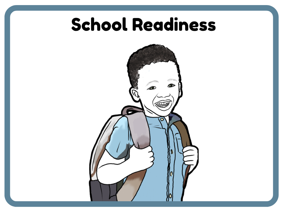 Child smiling while wearing a backpack, with text that says 'School Readiness'.