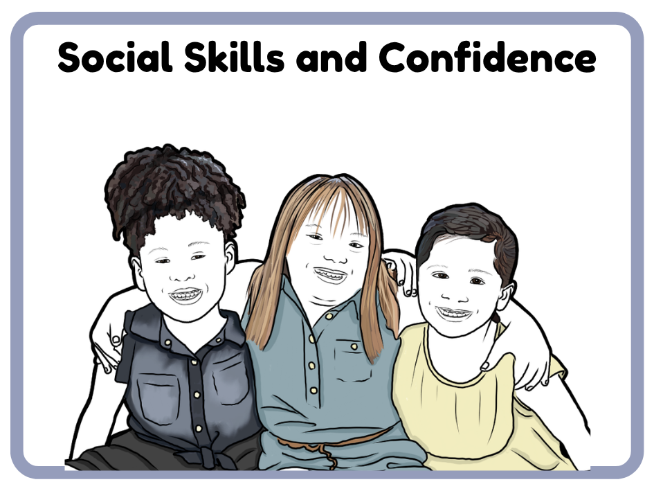 Illustration of three kids sitting together, smiling, with the text 'Social Skills and Confidence' at the top.