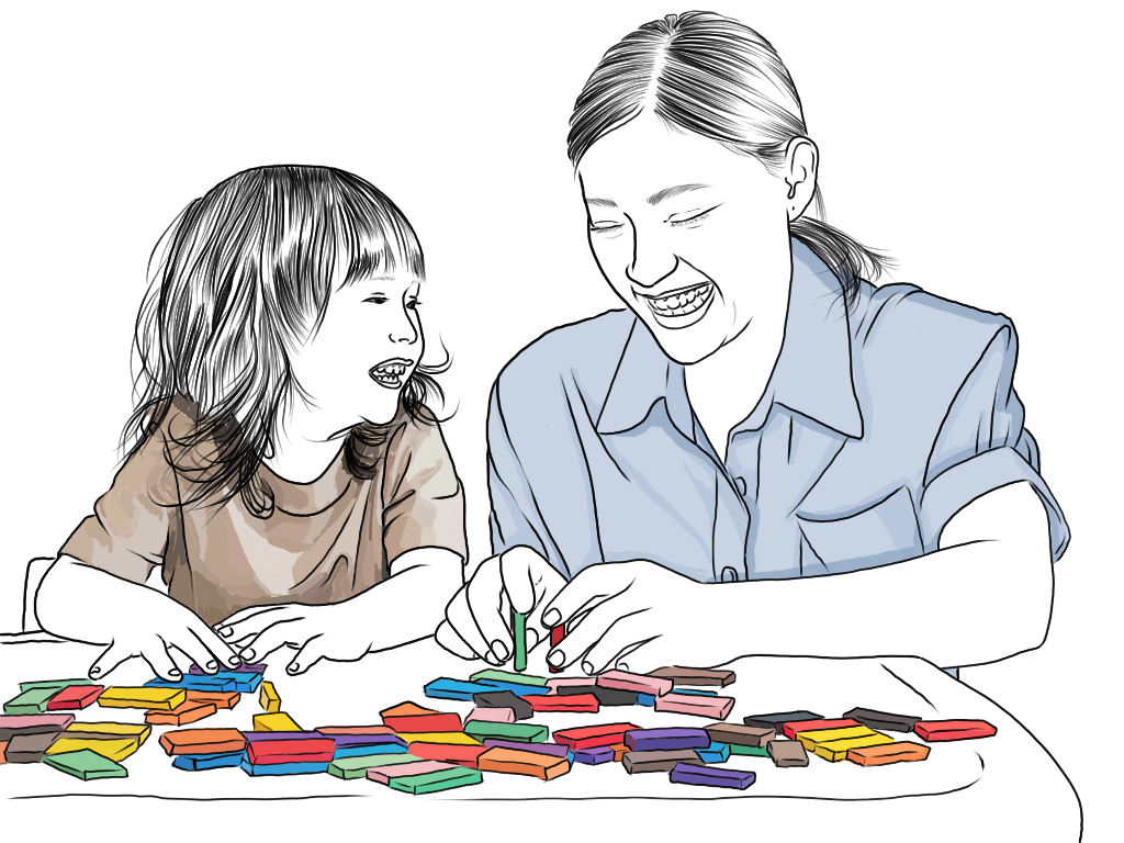 A woman and a young girl playing with colorful dominoes at a table, both smiling and enjoying their time together.
