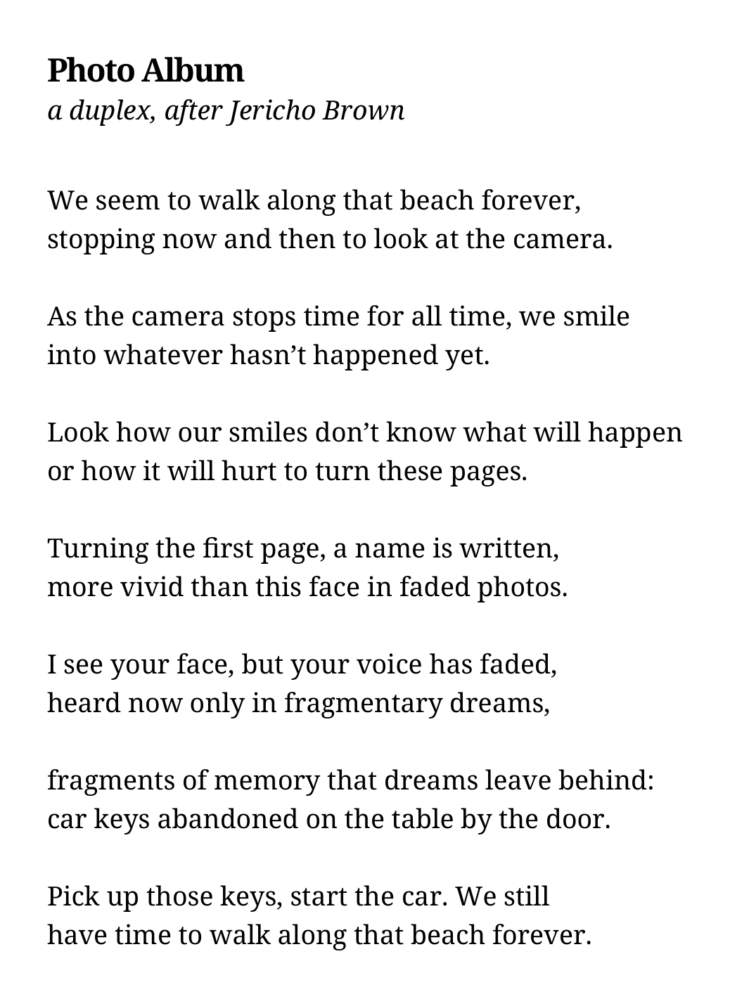 Text page displaying the poem “Photo Album,” subtitled “a duplex, after Jericho Brown,” about memory, photographs, and walking along a beach.  The poem is by Louise Walker from her collection From There to Here.