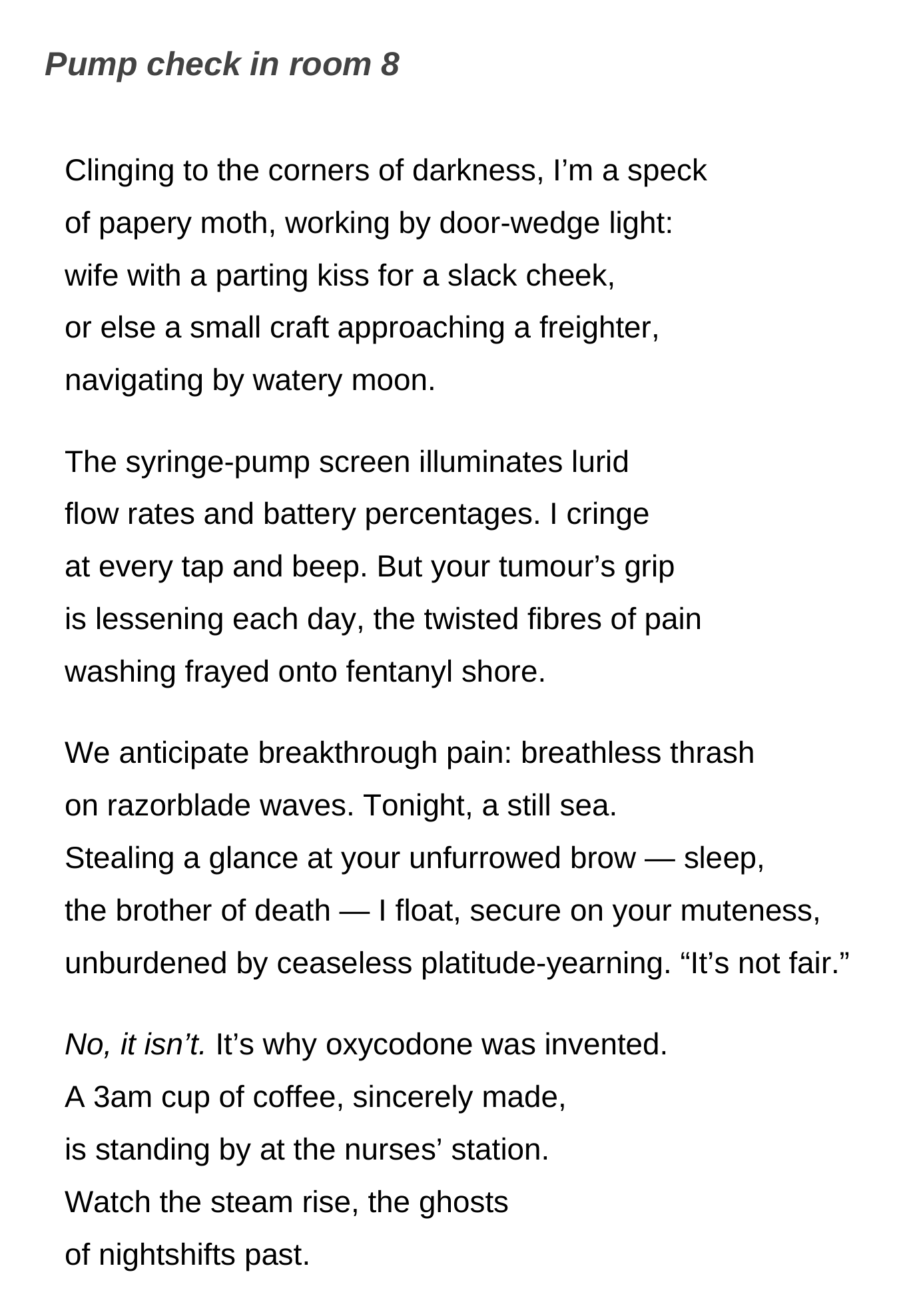 Text page titled “Pump check in room 8,” featuring a poetic narrative about a syringe pump, cancer pain, oxycodone, and a nurse’s station coffee, by Nicole Durman from her collection, Ghosts of Nightshifts Past.