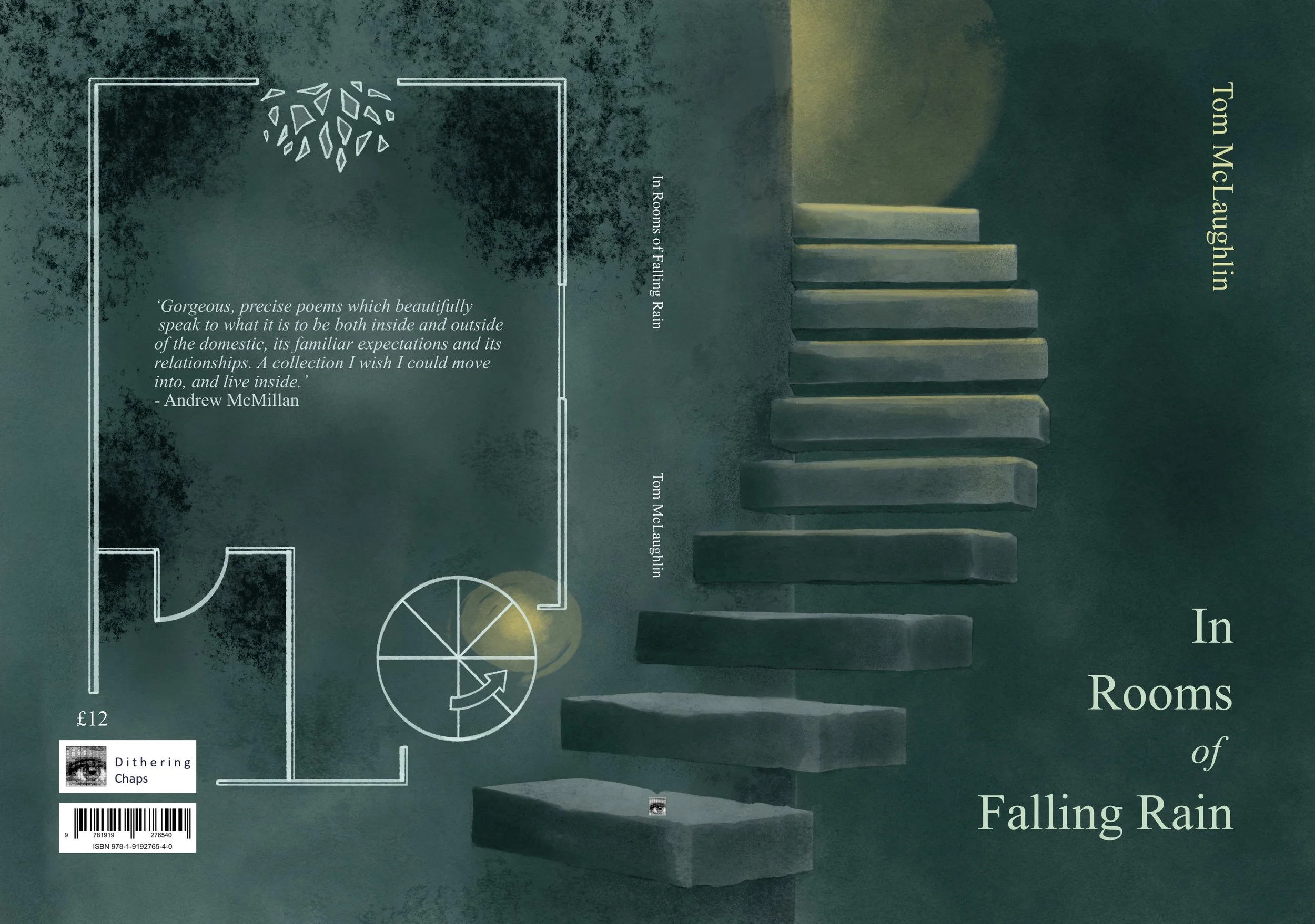 Book cover with a dark green background, featuring white illustrations of a staircase, a basketball hoop, and architectural floor plans. The title is partially visible: 'In Rooms of Falling Rain' by Tom McLaughlin, with a quote by Andrew McMillan and a price of £12.