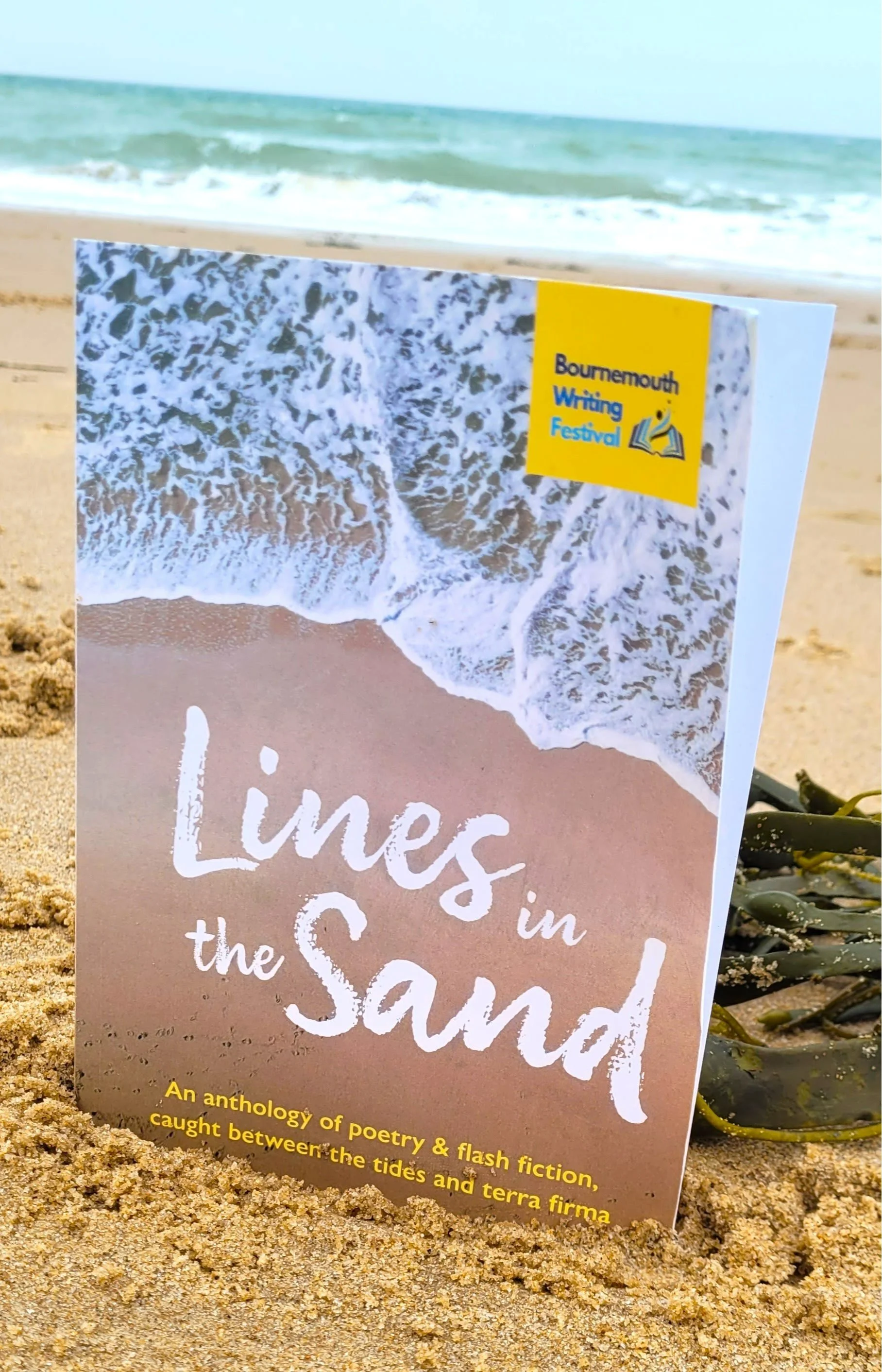Front cover of the poetry chapbook Lines in the Sand by the Bournemouth Writing Festival Competition Winners, Dithering Chaps Press