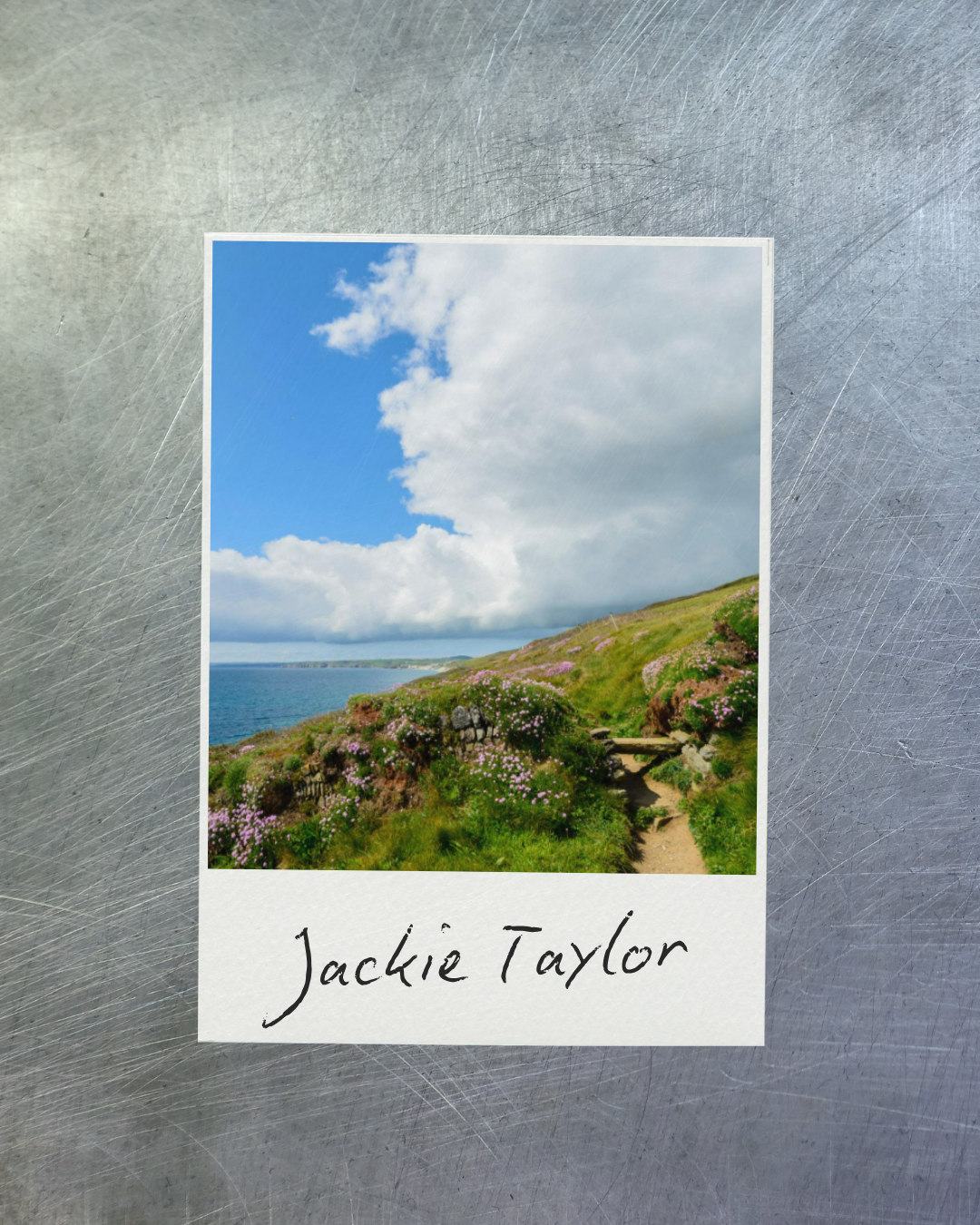 A seaside landscape with a grassy cliff, pink flowers, a rocky trail, a blue ocean, and a sky with white clouds and the name Jackie Taylor.