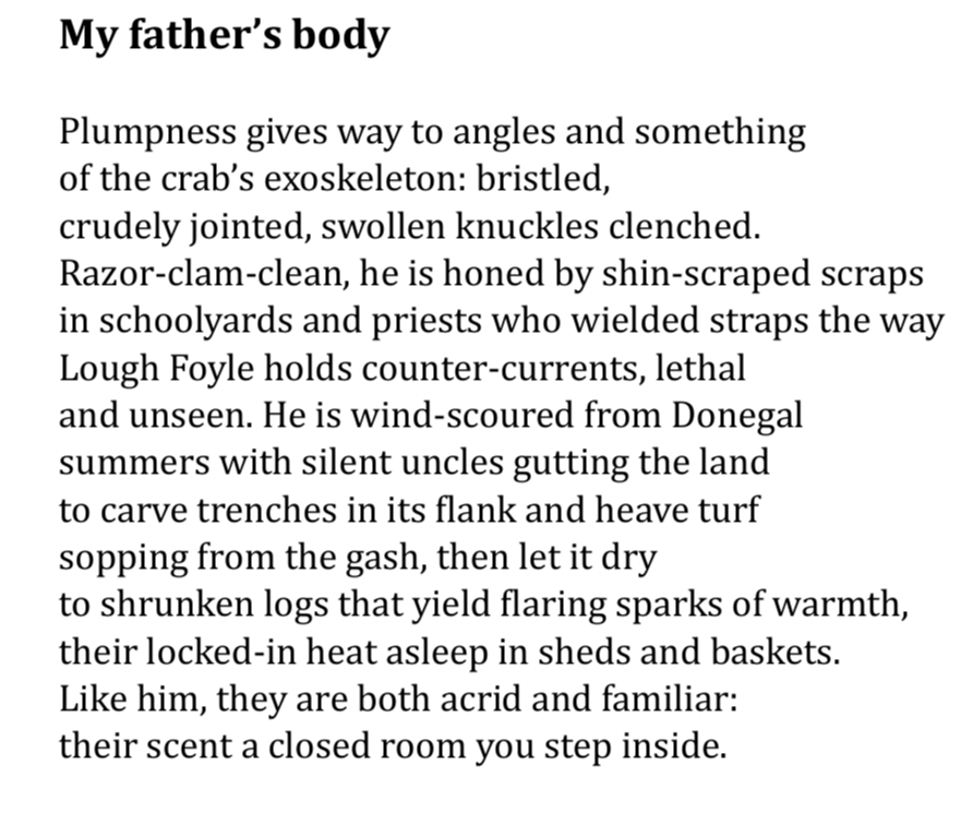 A page of a poem titled "My father's body" from Tom McLaughlin's book, In Rooms of Falling Rain, describing his father's body and referencing Donegal landscapes, including Lough Foyle, and sensory imagery linked to heat, scent, and an enclosed space.