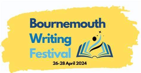 Graphic promoting the Bournemouth Writing Festival, held from April 26 to 28, 2024, with yellow background, blue and black text, and a stylized open book with a star and a pen.