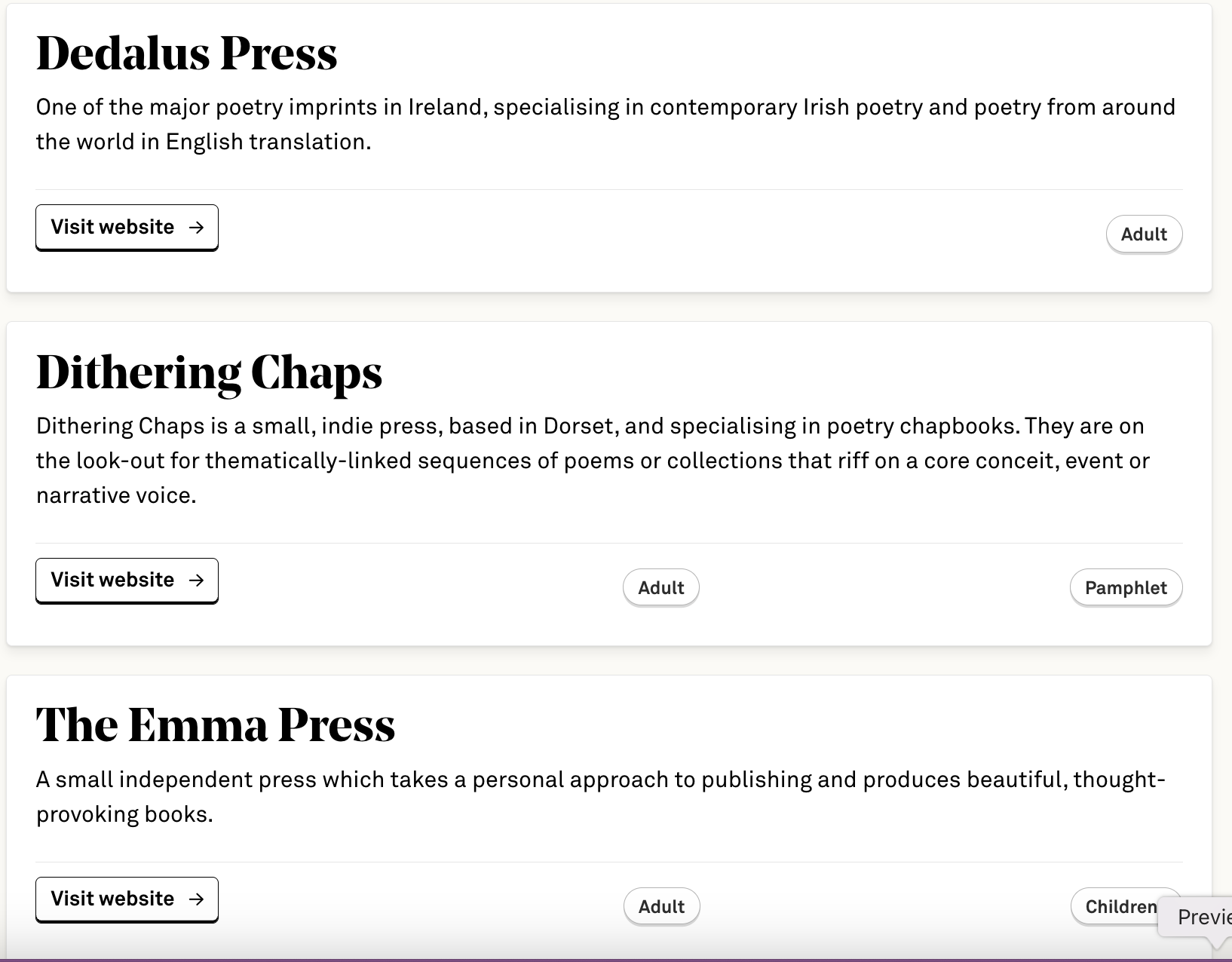 An extract from the National Poetry Library's Publisher listing, showing Dithering Chaps bewteen Dedalus Press and Emma Press