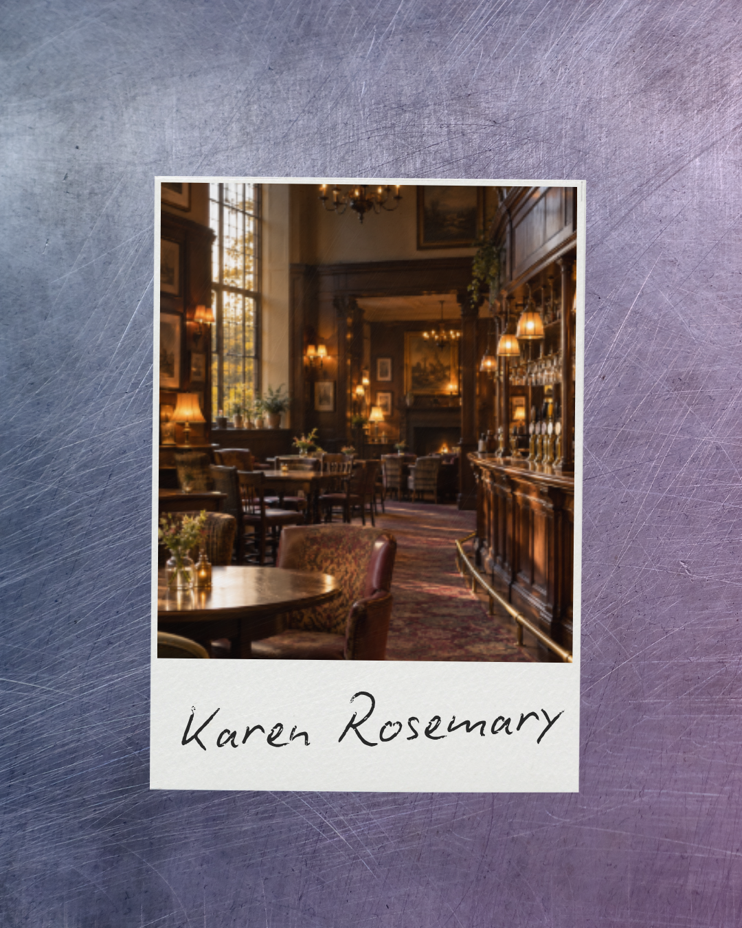 Interior of a cozy, elegant restaurant or lounge area with wooden furniture, large windows allowing natural light, and warm lighting fixtures, with the text label 'Karen Rosemary' at the bottom.