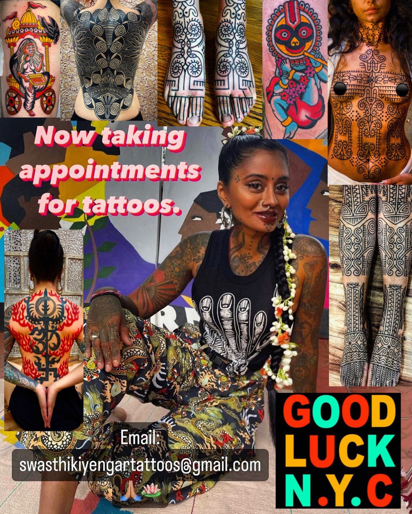 Please welcome are new resident artist @gunga_ma !! Starting tomorrow and working Tues-Wed &amp; Fri-Sat here at #goodlucknyc in beautiful #greenpoint 

For tattoos please 📩 swasthikiyengartattoos@gmail.com