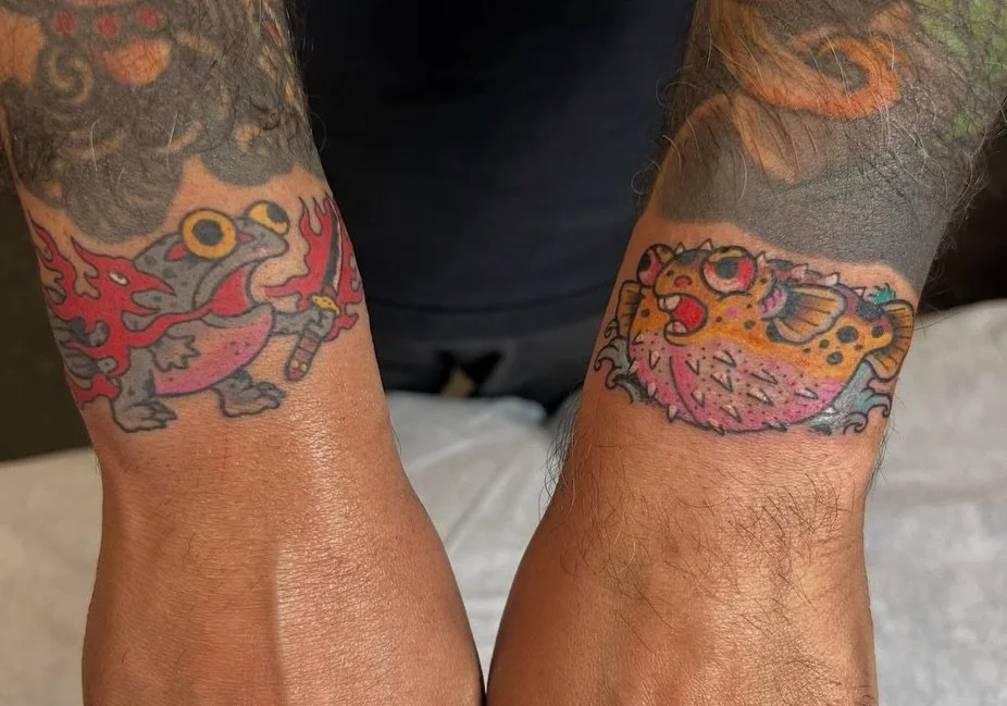 tadpole vs puffer fish ! 
Henbo is back this week! for bookings please email henbotattoo@gmail.com