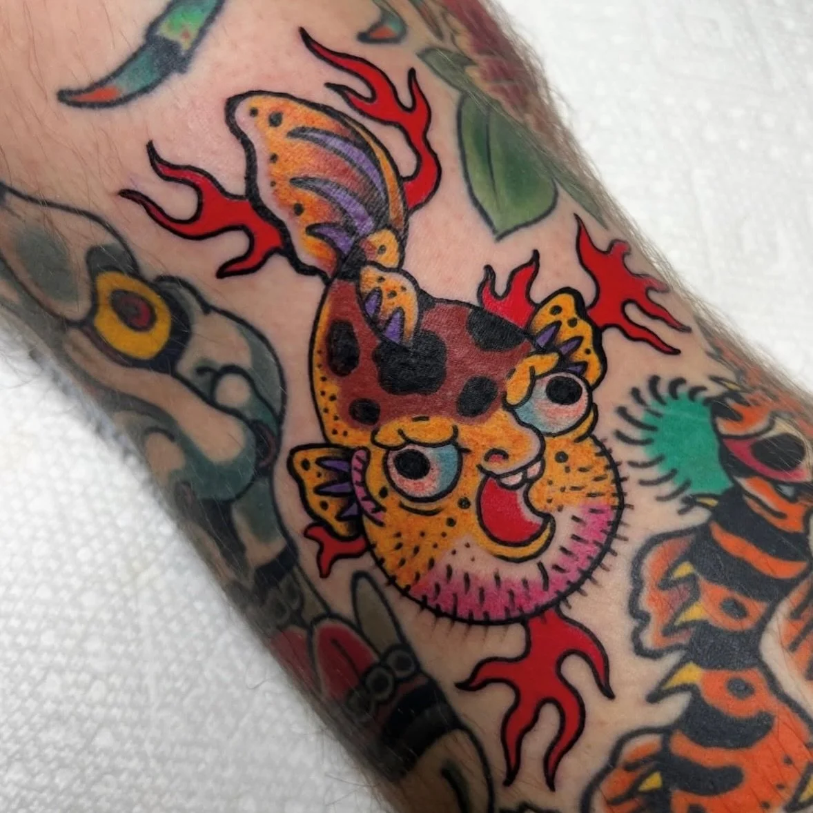 a screaming hand a puffer fish and finger yokai walk into a bar!!! made by @henbohenning  for bookings please email henbotattoo@gmail.com #GLNYC