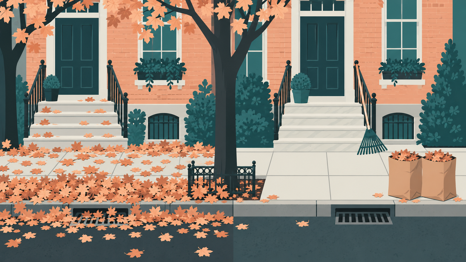 Illustration of a Philadelphia rowhouse sidewalk in autumn, leaves piled at the curb on one side and swept clear on the other.