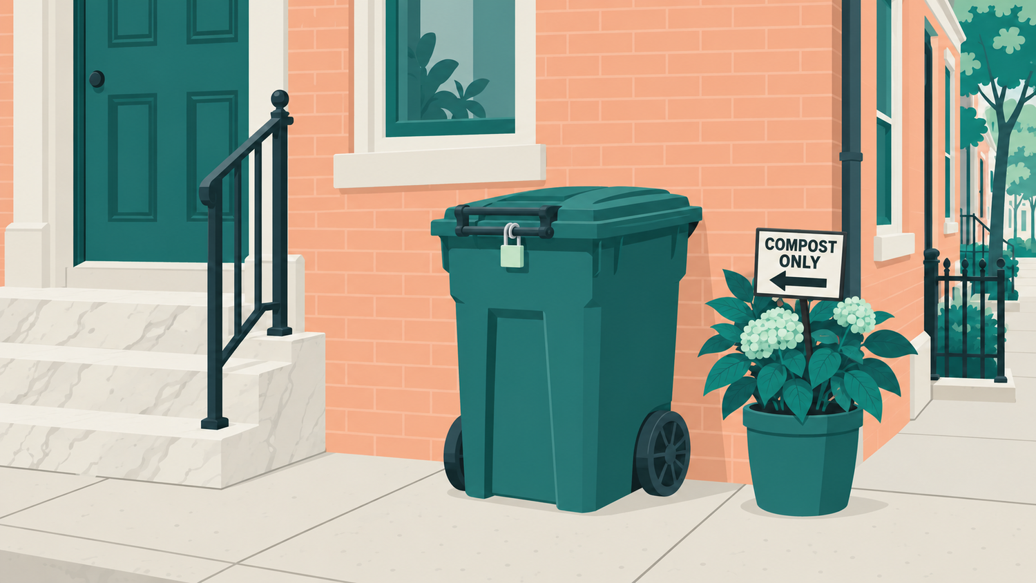 Illustration of a secured compost bin outside a Philadelphia rowhouse, with a potted plant beside it.