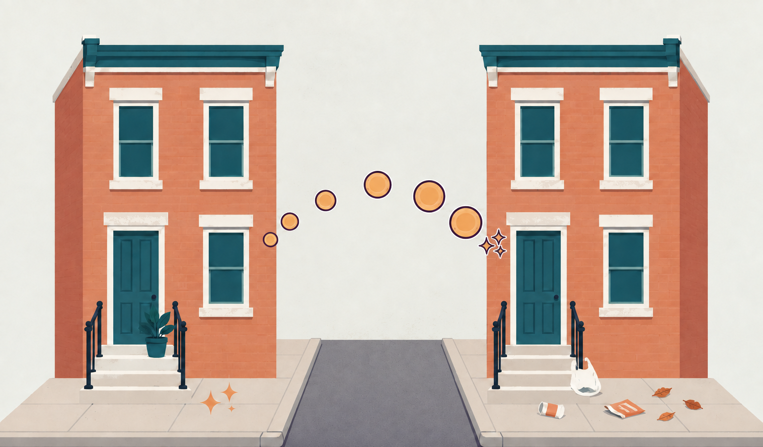 Two rowhouse blocks across a street, with coins travelling from the cared-for block to one that has not been swept