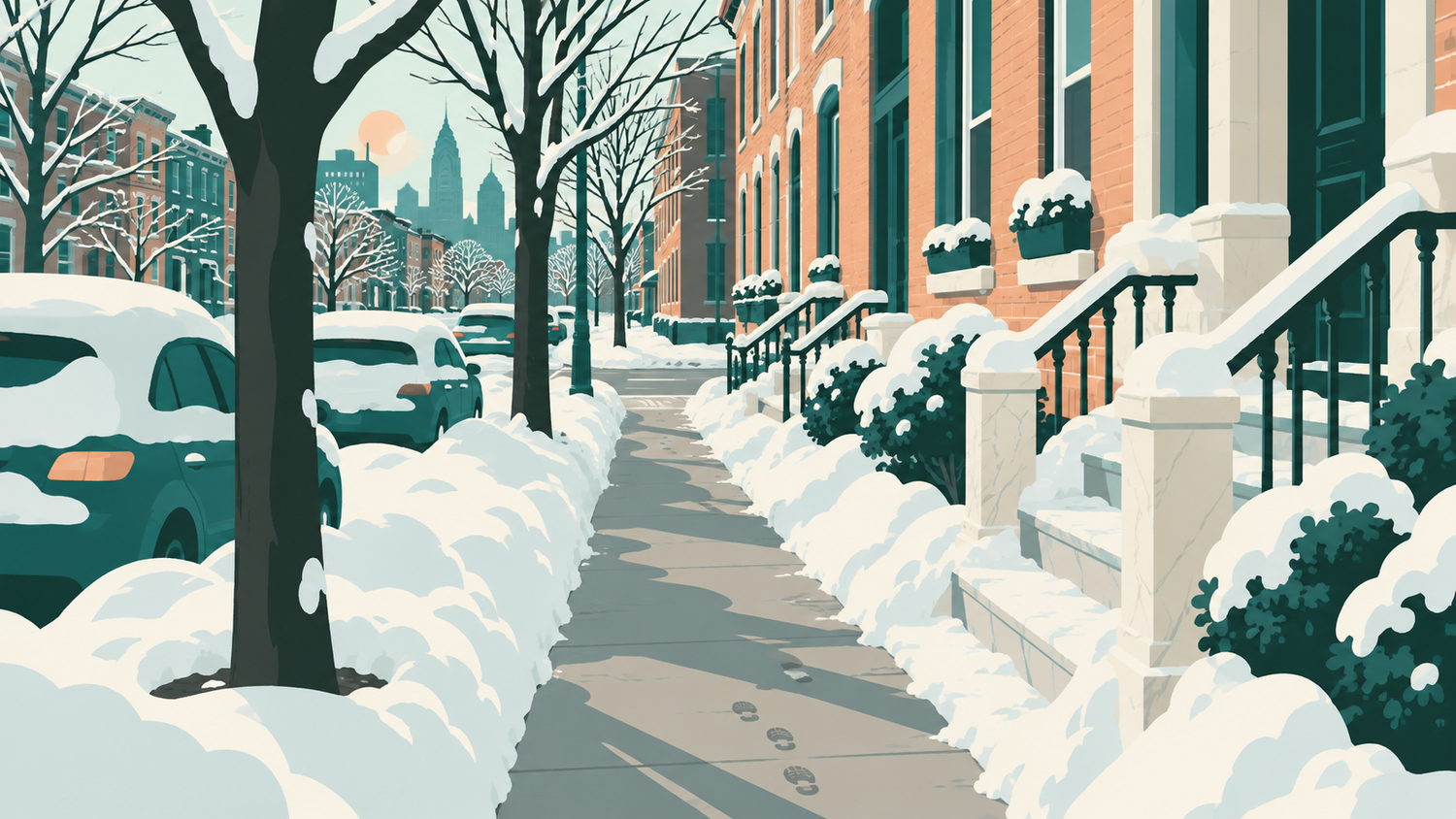 Illustration of a Philadelphia rowhouse block after a snowstorm, with a shoveled path running the length of the sidewalk.