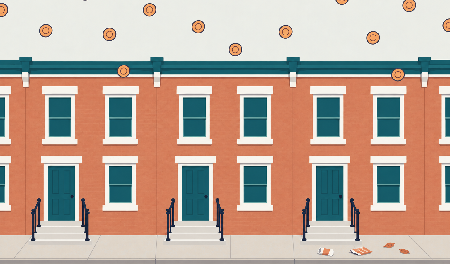 A row of rowhouses with coins falling evenly across all of them