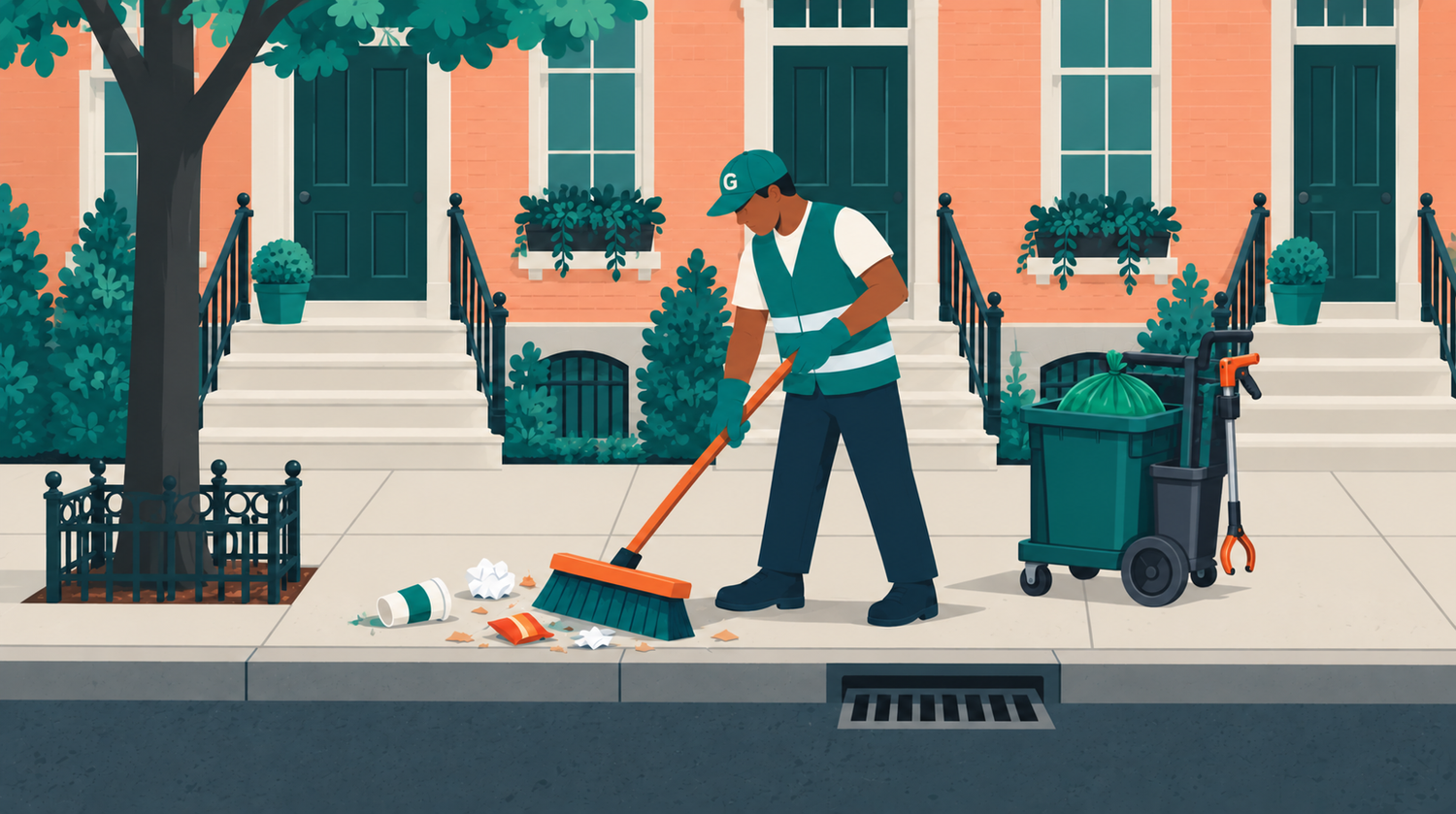 Illustration of a Philadelphia rowhouse block with a Glitter cleaner sweeping litter from the sidewalk and curb line.