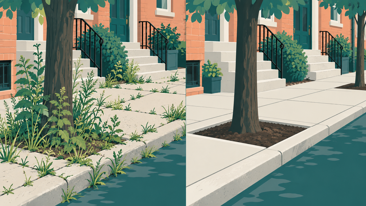 Illustration of a Philadelphia sidewalk with weeds growing through the paving seams and around a tree pit, beside the same stretch cleared.