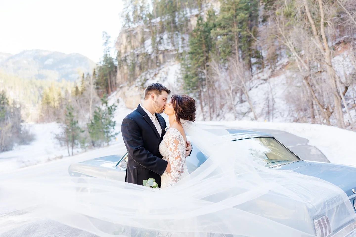 This cold, snowy day has me reminiscing on this beautiful winter wedding with Tyra &amp; Brock at Aspen Acres. A classic car, a stop in the canyon, and bridal portraits at sunset. Some of my favorite things!