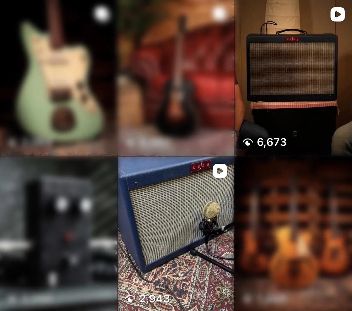 Collage of four blurry photos featuring musical instruments and equipment. Top left shows a green guitar, top middle is a blurred acoustic guitar, bottom left shows a black speaker with white eyes and a red tongue, bottom middle is a blue guitar amplifier with a microphone in front, and bottom right has multiple orange-brown vintage amplifier cabinets.