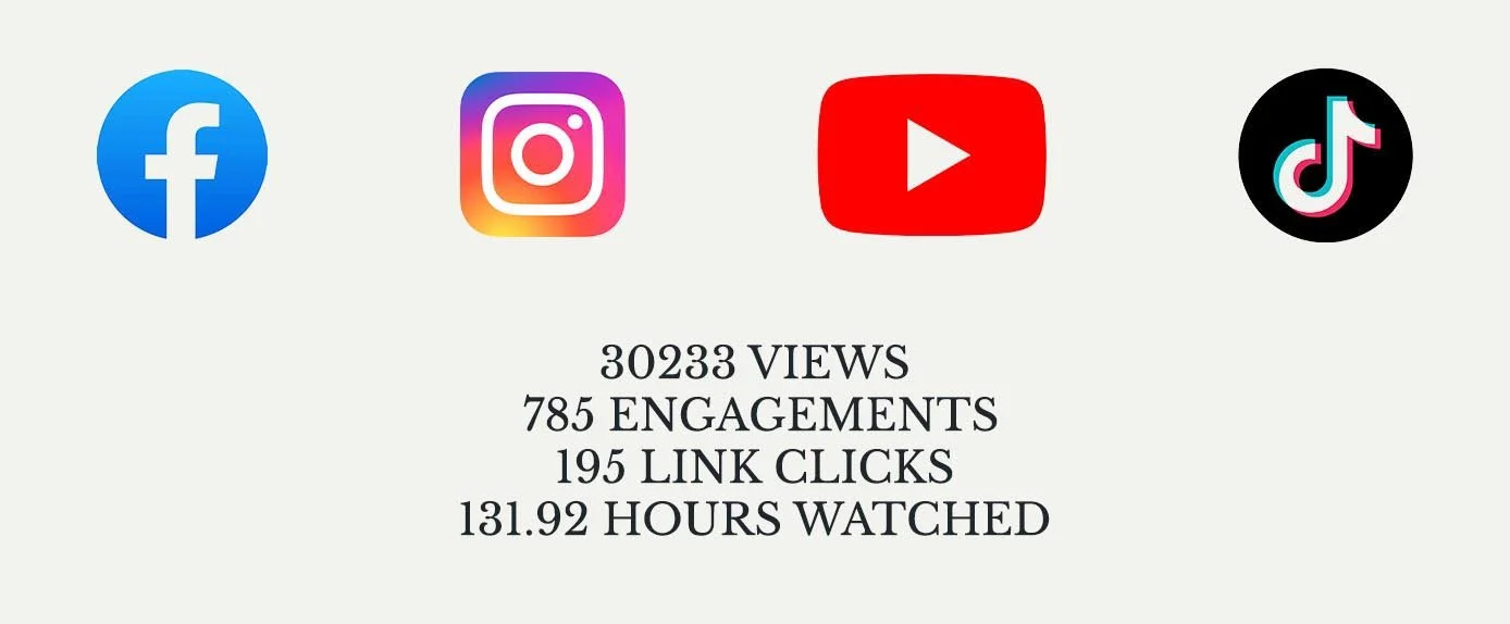Social media analytics with icons for Facebook, Instagram, YouTube, and TikTok above statistics showing 30,233 views, 785 engagements, 195 link clicks, and 131.92 hours watched.