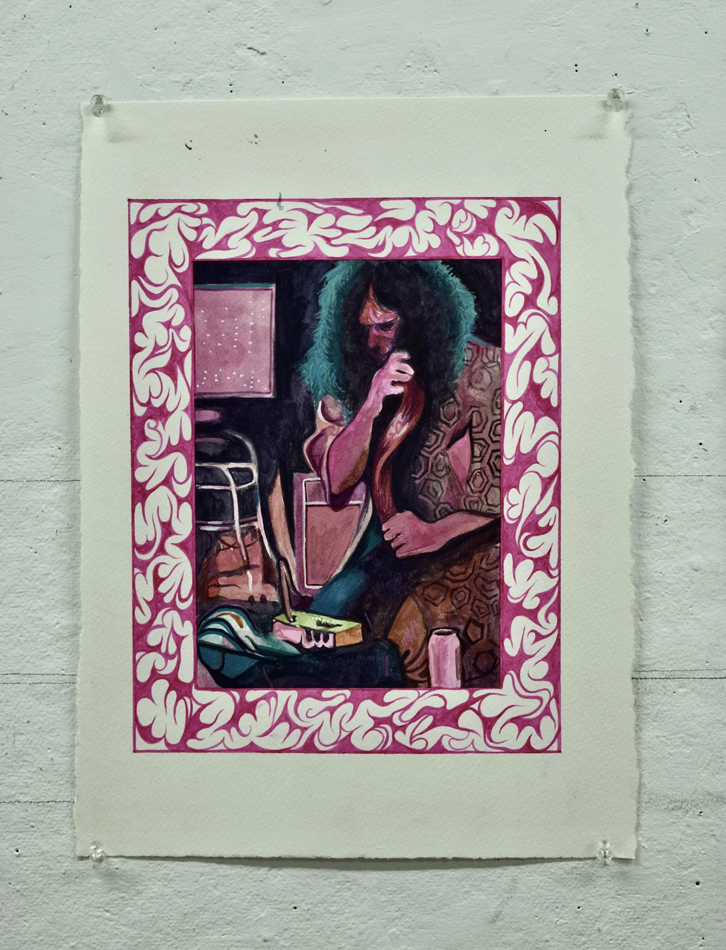 A colorful painting of a woman with curly hair sitting indoors, surrounded by a pink and white patterned border, with objects like a glass and a ledge nearby.