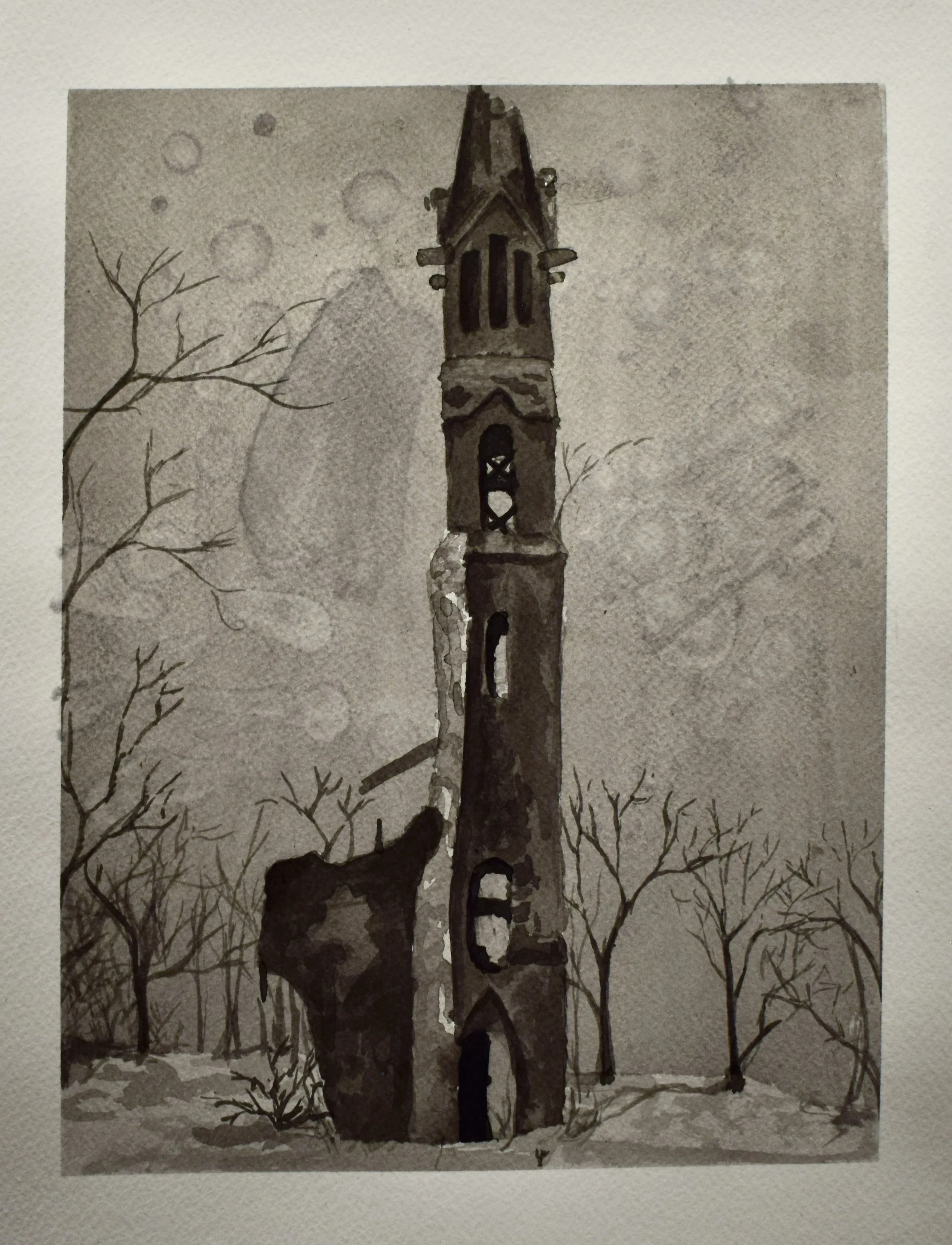 Watercolor painting of an old, ruined church steeple surrounded by leafless trees on a winter day.