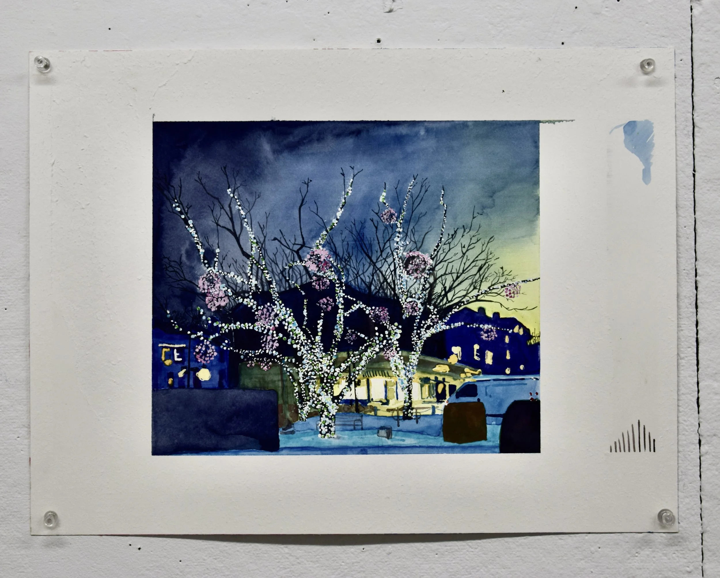 A winter scene painting of a tree decorated with Christmas lights and pink blossoms, with houses illuminated in the background, under a dark evening sky.