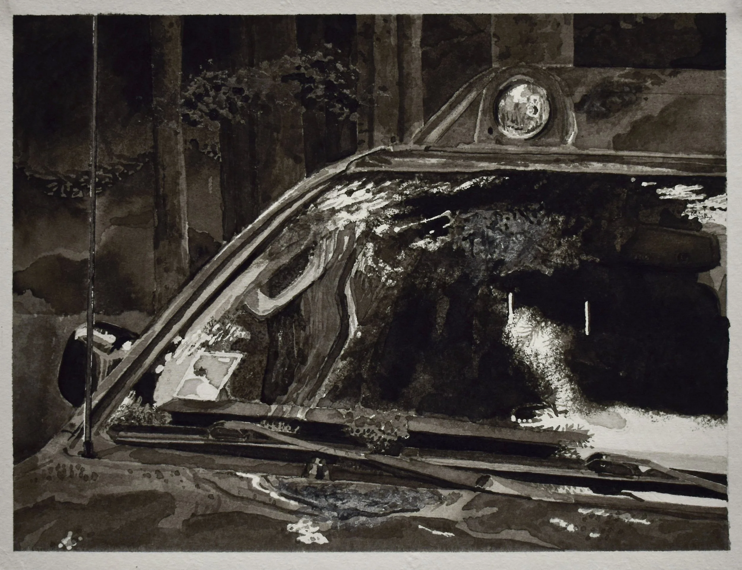 Black and white painting of a police car's front with a spotlight and windshield wipers visible.