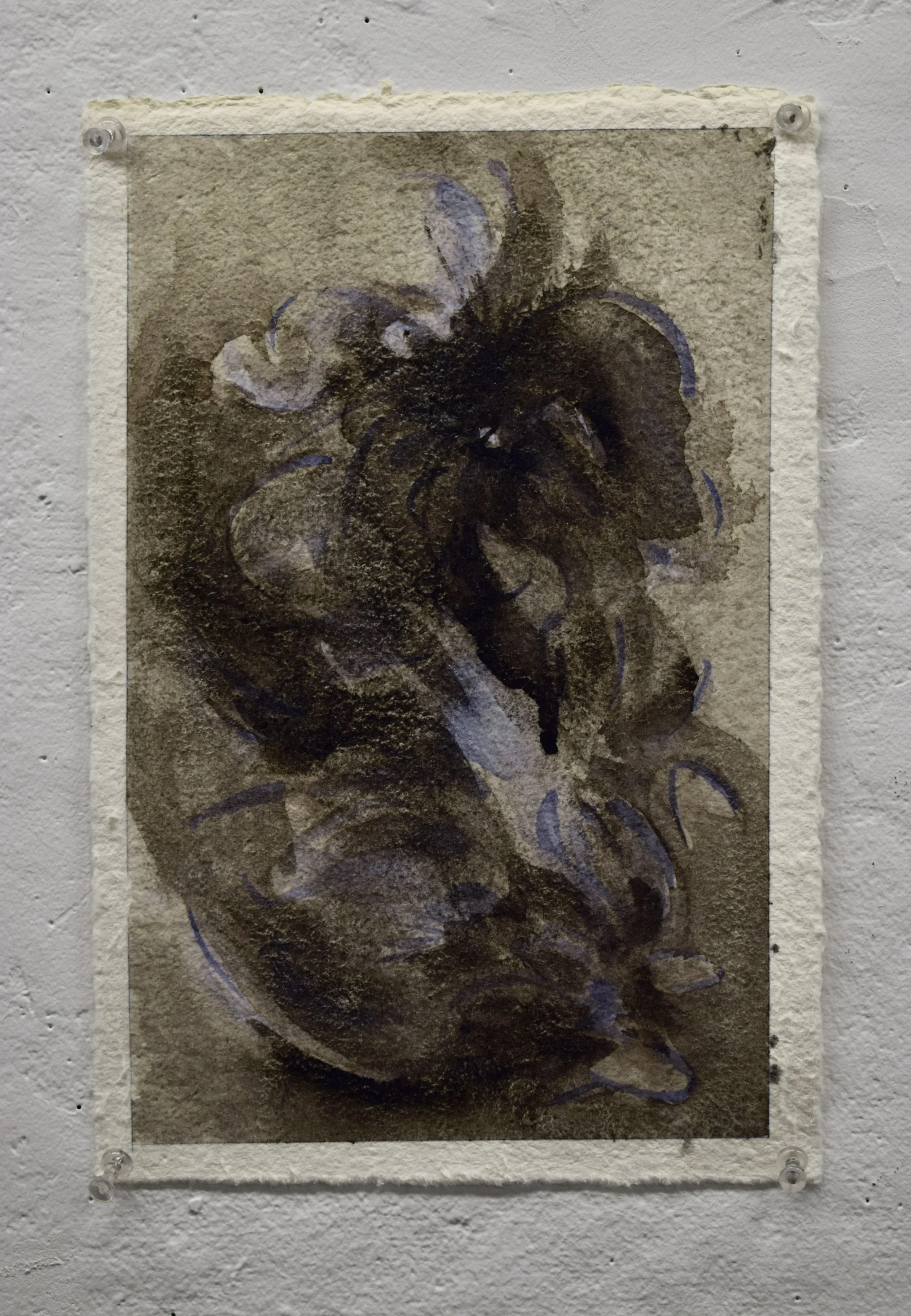 Abstract artwork featuring swirling dark and light brushstrokes with hints of blue and purple on textured paper