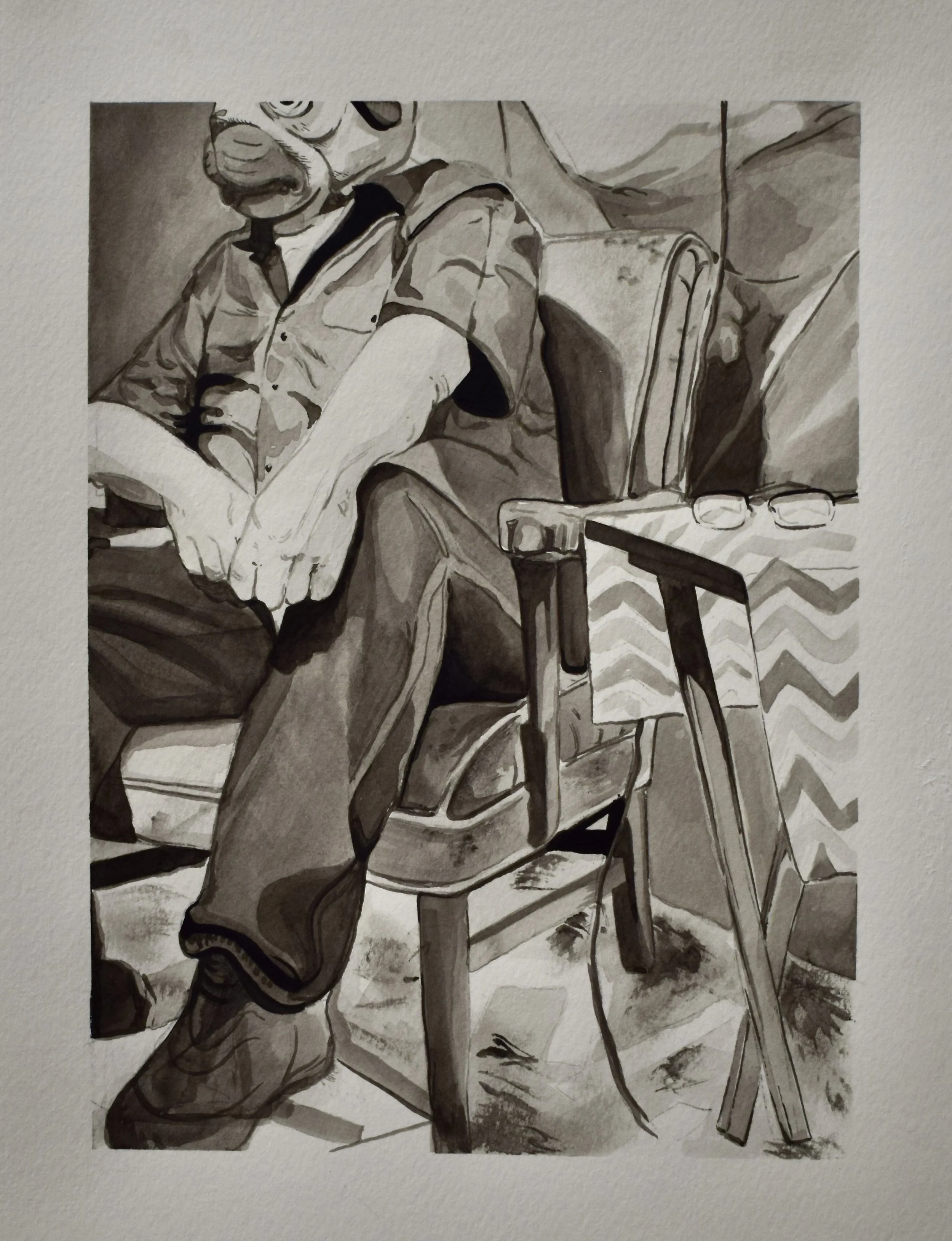Black and white painting of a man sitting on a chair with his hands clasped, wearing a mask, with a cane and glasses on a table nearby.