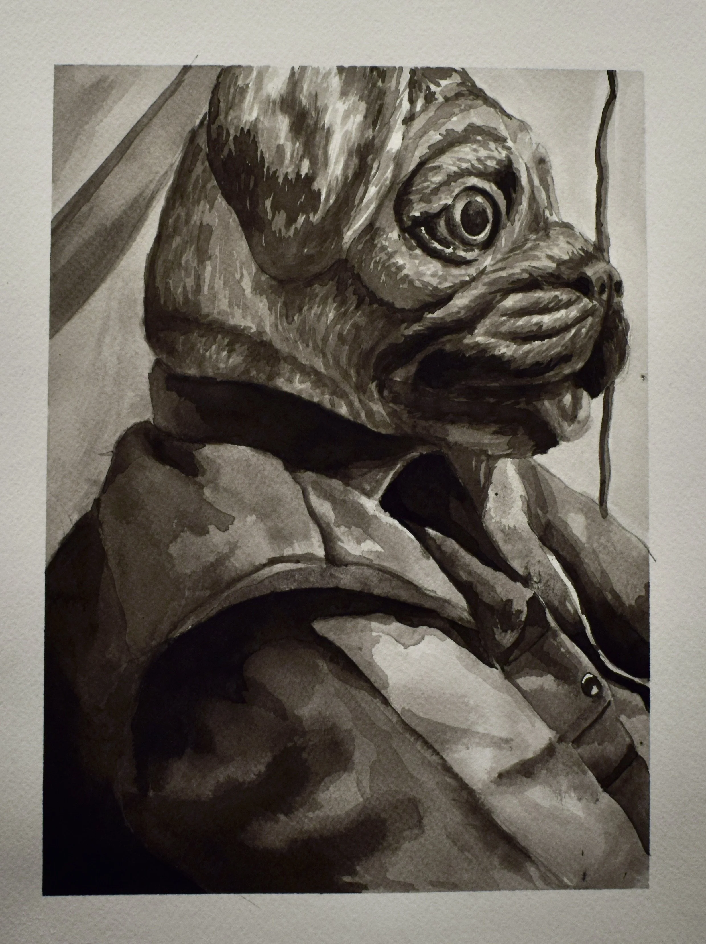 Black and white painting of a dog with an expressive face, wearing a jacket, and sitting against a plain background.