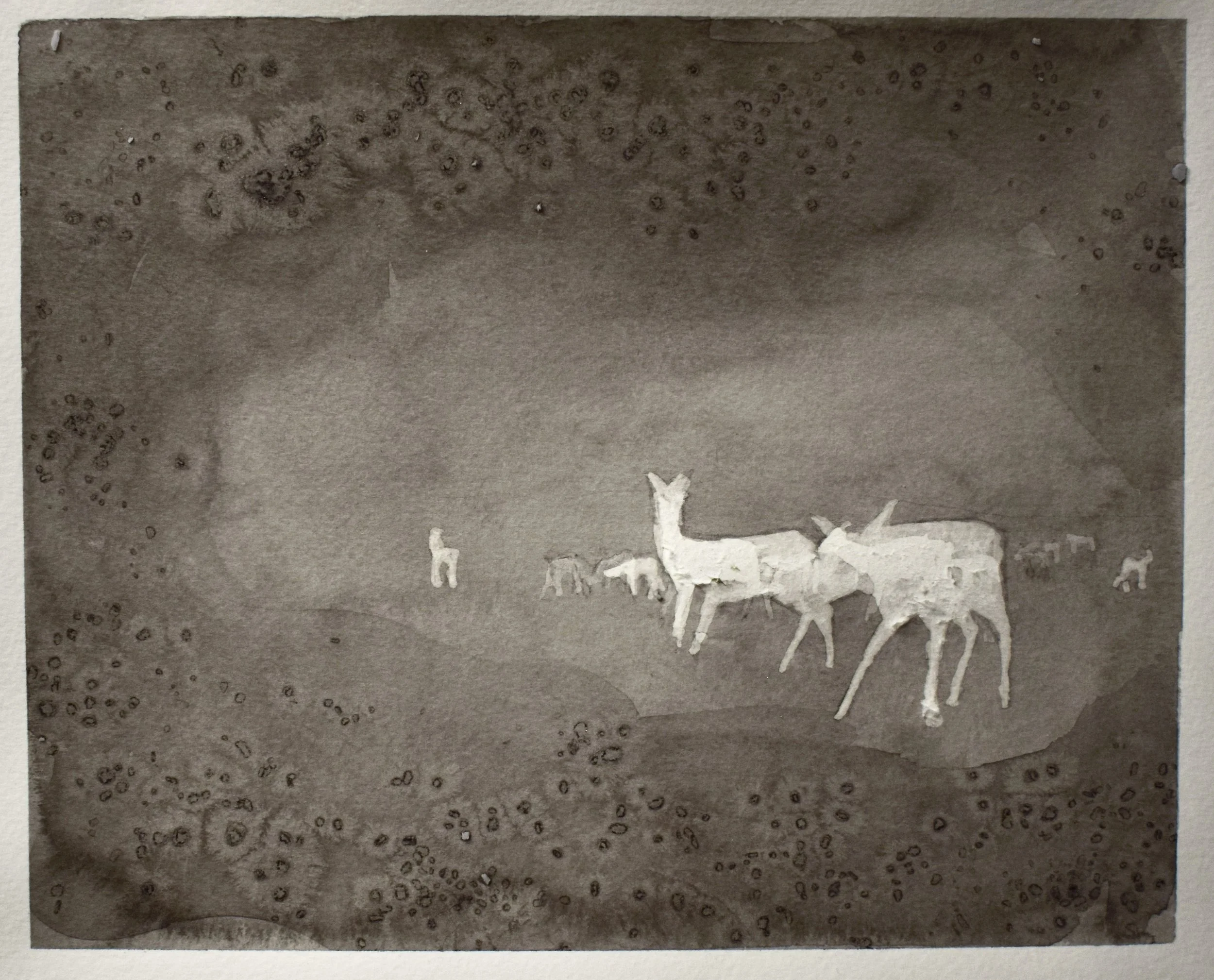 A monochromatic watercolor painting of a herd of deer grazing in a forest clearing, with trees and foliage in the background.